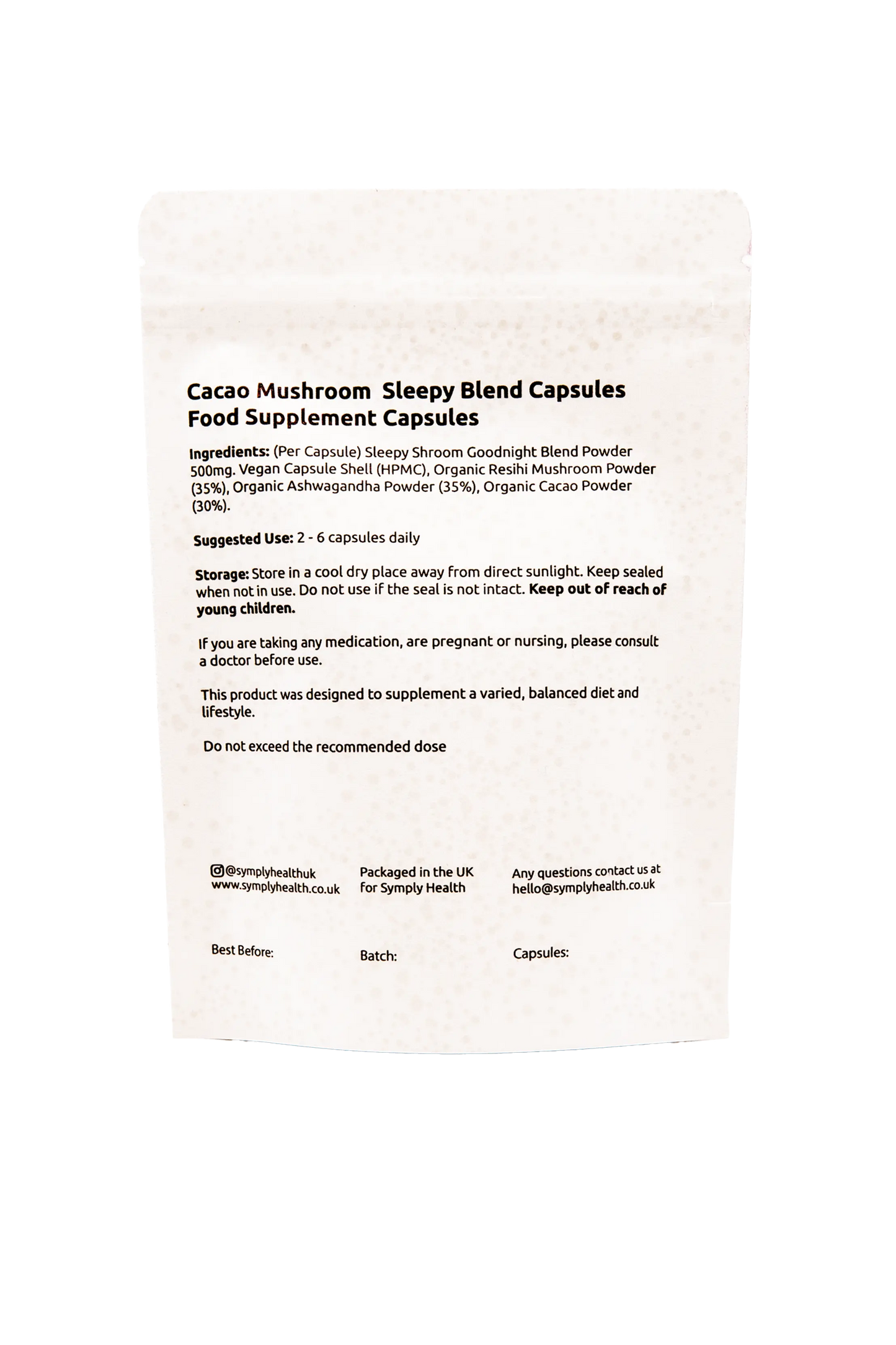 Cacao Mushroom Sleepy Blend Capsules Back