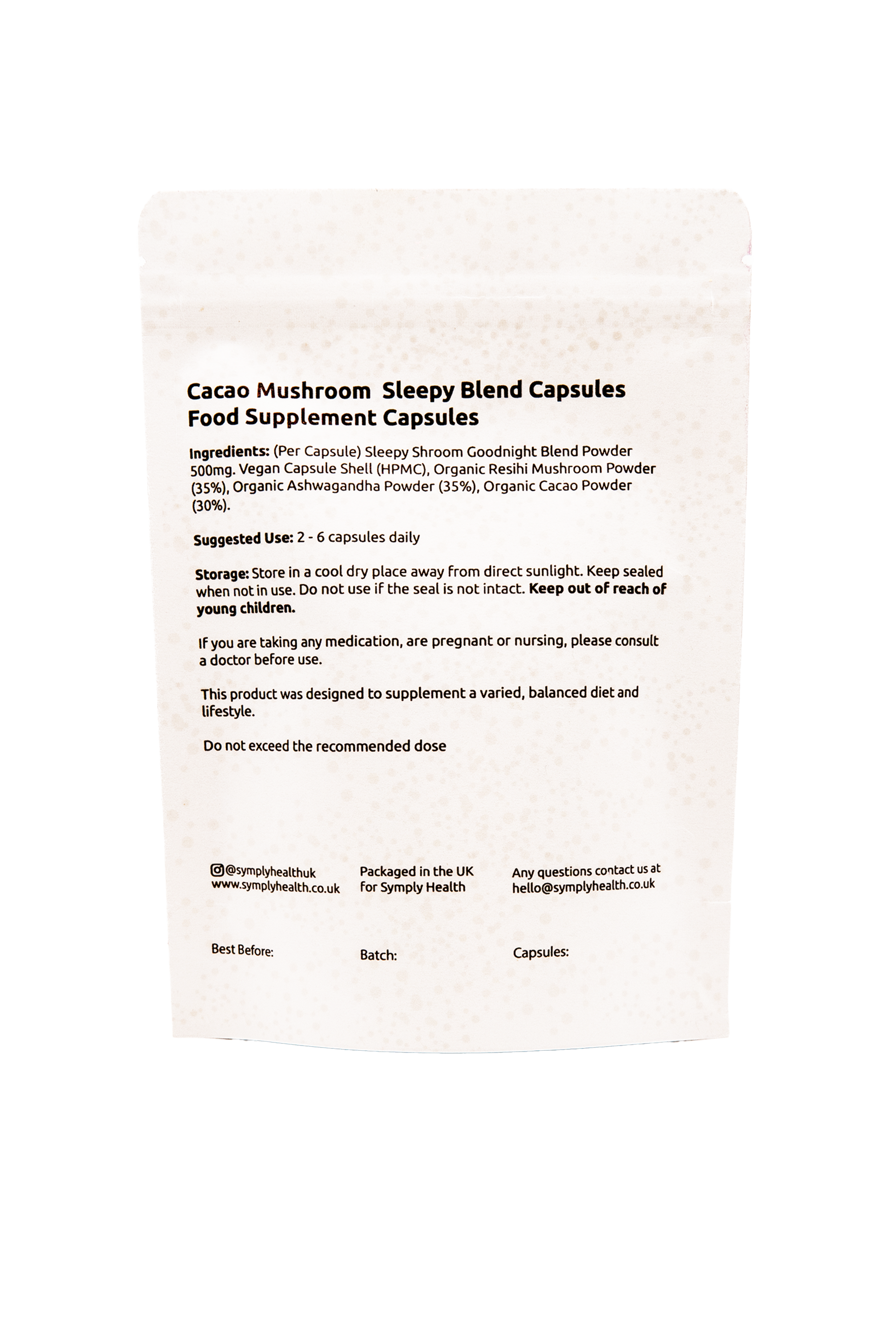 Cacao Mushroom Sleepy Blend Capsules Back