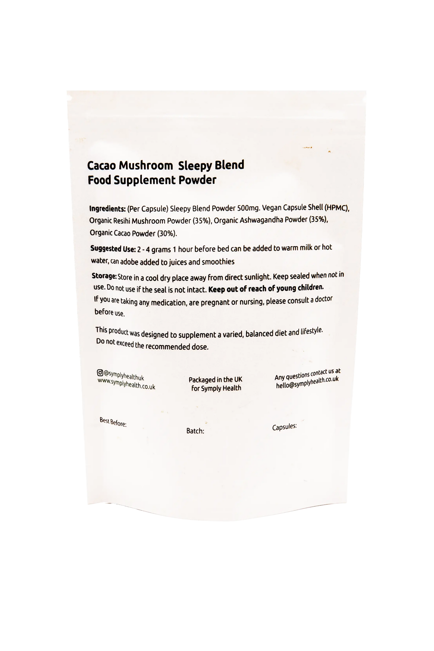 Cacao Mushroom Sleepy Blend Powder Back