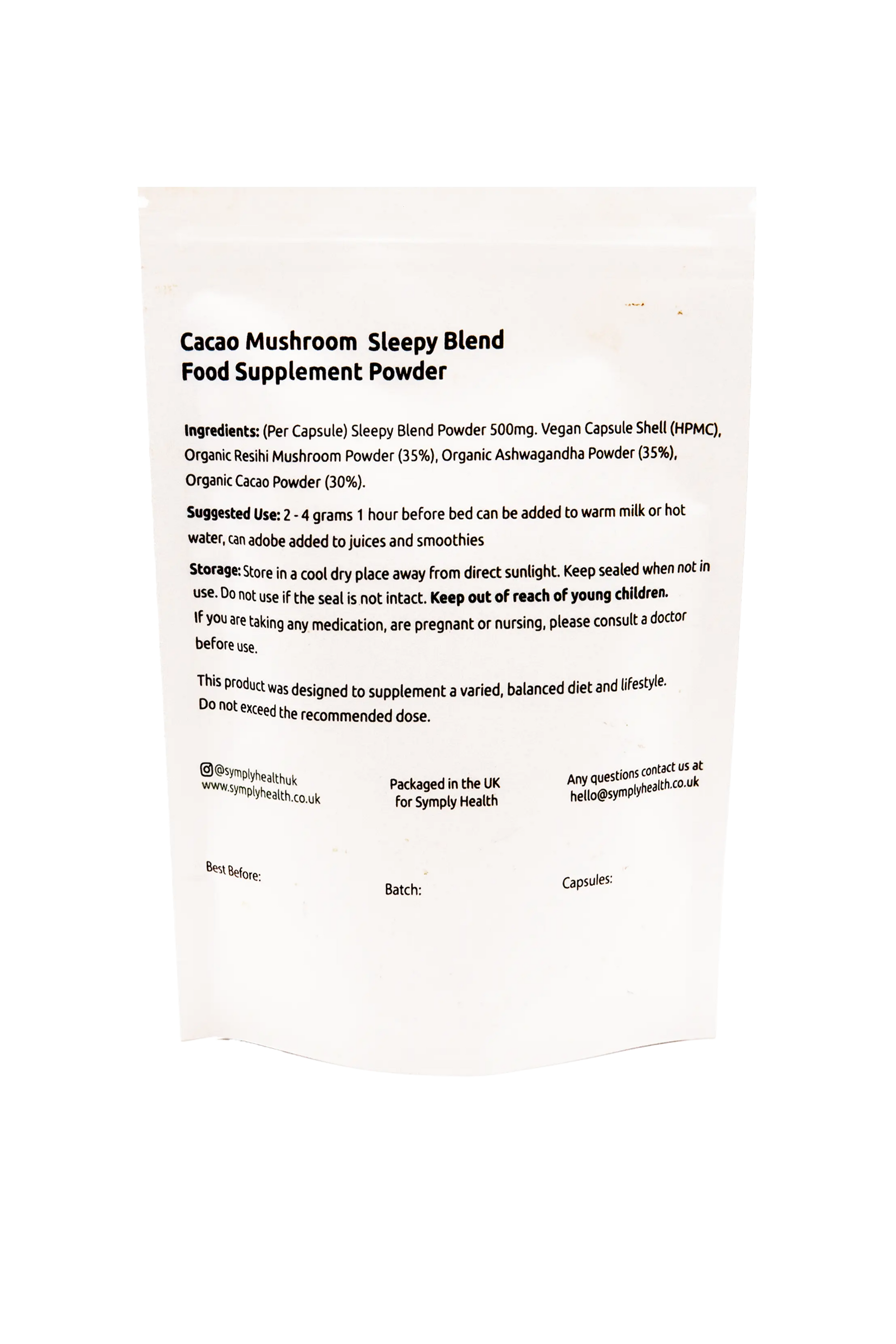 Cacao Mushroom Sleepy Blend Powder Back