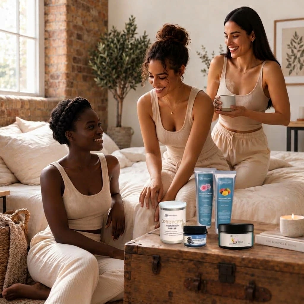 Three women relaxing on a bed, with Symply Health mushroom coffee, hand creams and body butter on a wooden chest beside them