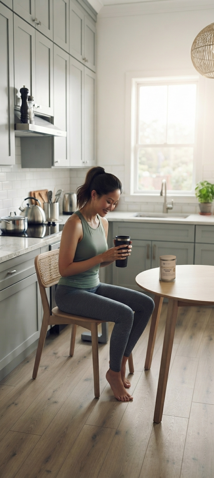 A woman holds a black travel tumbler with Symply Health Cordyceps Mushroom Coffee on the table beside her